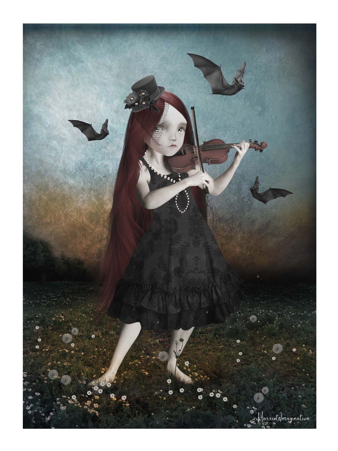 Goth Girl Violin Art Print. A mysterious and enchanting scene of a goth girl playing her violin, surrounded by a swarm of bats.