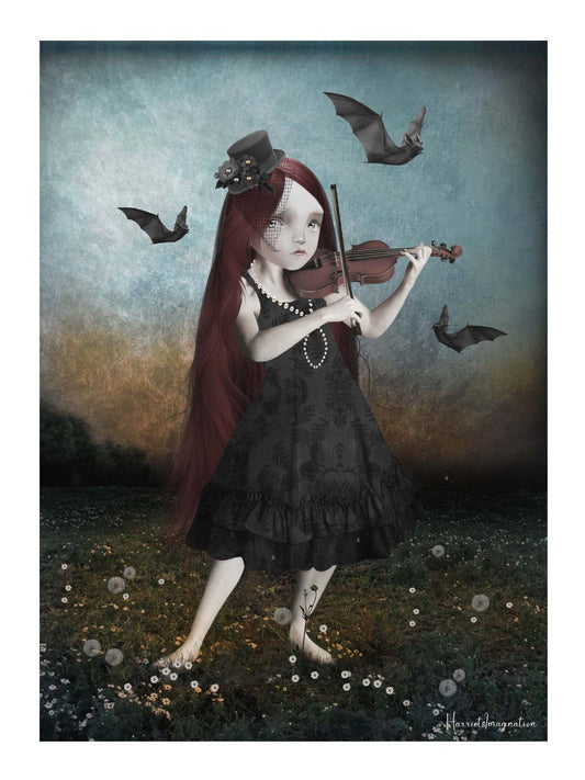 Goth Girl Violin Art Print. A mysterious and enchanting scene of a goth girl playing her violin, surrounded by a swarm of bats.