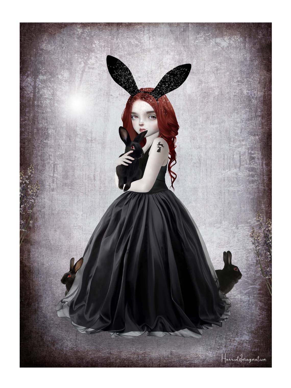 A gothic fantasy art print featuring a girl and rabbits, displayed without a frame.