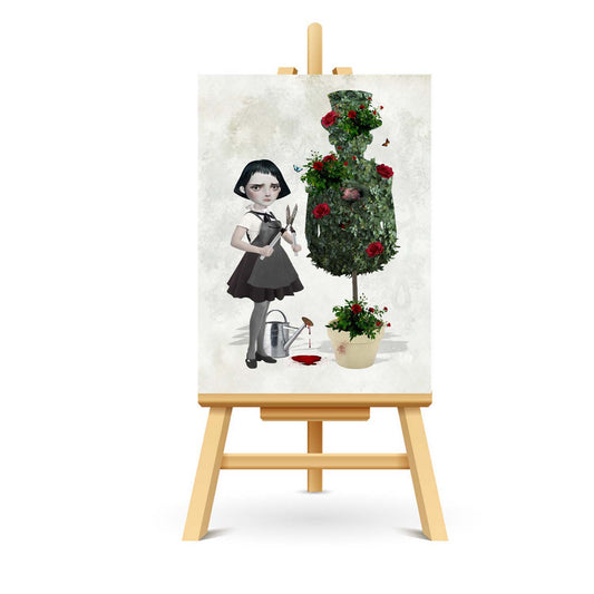 Goth girl and topiary ACEO art displayed on a stand. Creepy cute miniature art print showcasing gothic style.