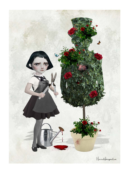 A creepy cute art print featuring a goth girl and topiary, displayed without a frame.