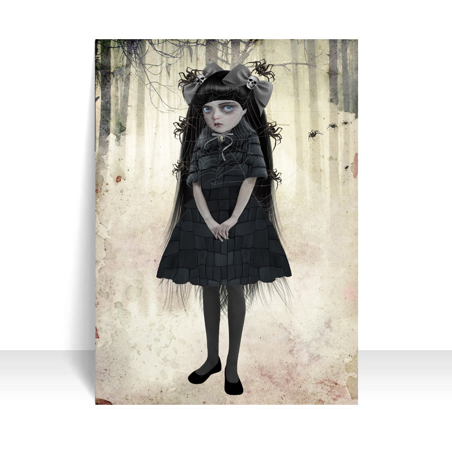 Close-up of Goth girl with spiders ACEO art card against a white background, highlighting its intricate creepy cute details.