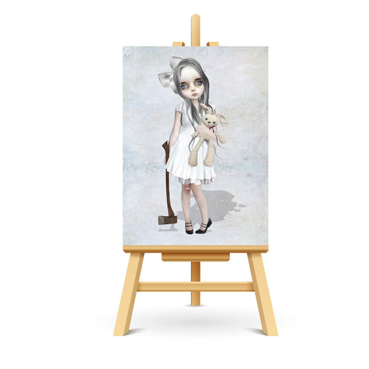  Miniature ACEO art print featuring a goth girl with an axe, displayed on a stand. This creepy cute artwork captures a dark yet whimsical vibe, perfect for any unique art collection. A small, collectible piece with a gothic twist.