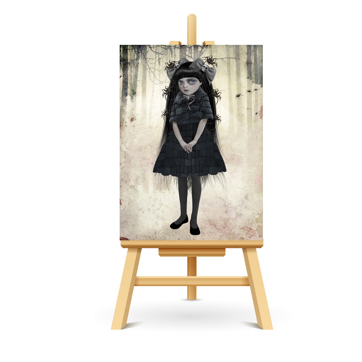 Goth girl with spiders ACEO art displayed on a stand. Creepy cute miniature art print showcasing gothic style.