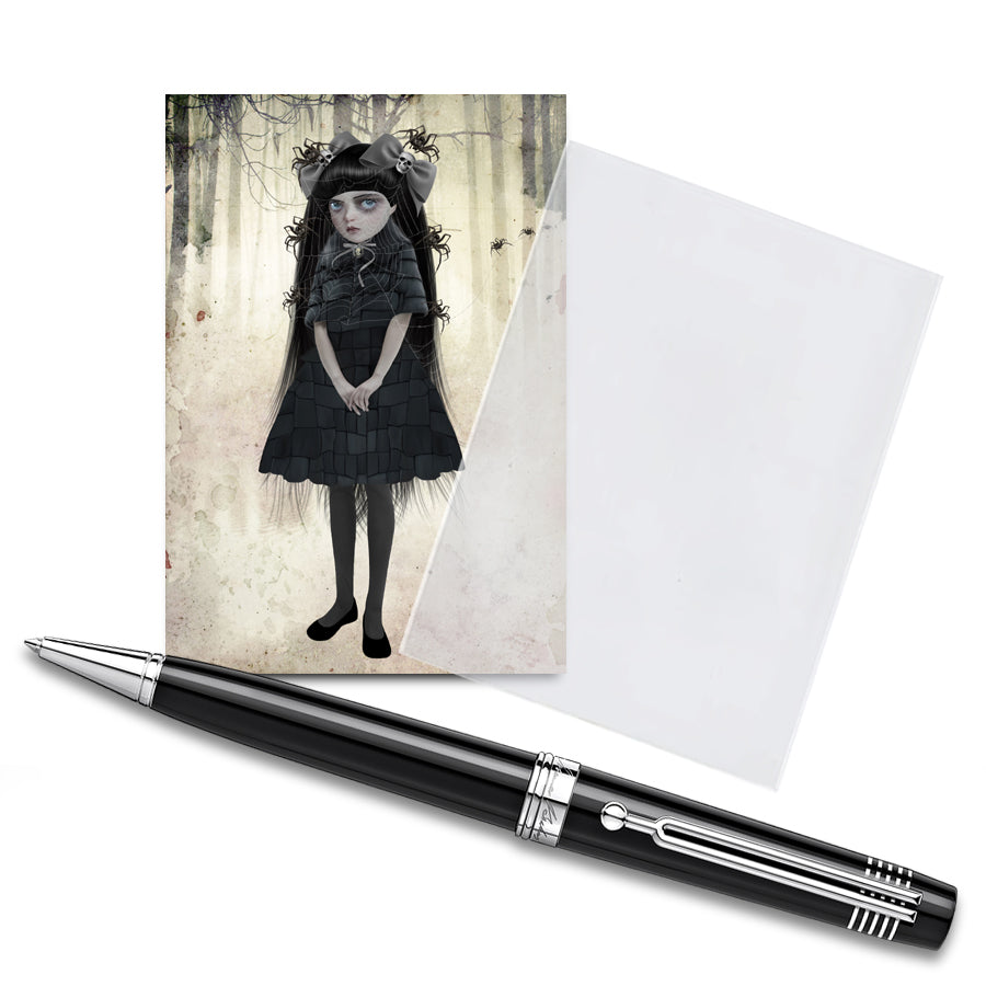 The ACEO card features a goth girl with spiders, displayed in a clear protective sleeve with a pen for size comparison. It showcases creepy, cute artwork.