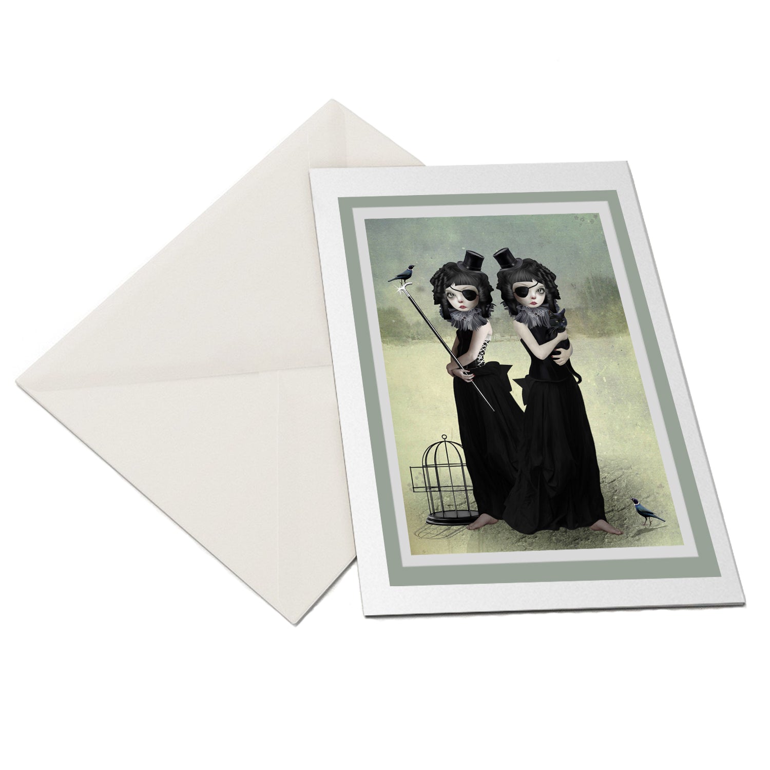 greeting card and envelope, is perfect for framing and home decor. With one sister accompanied by her beloved pet cat and the other surrounded by birds.