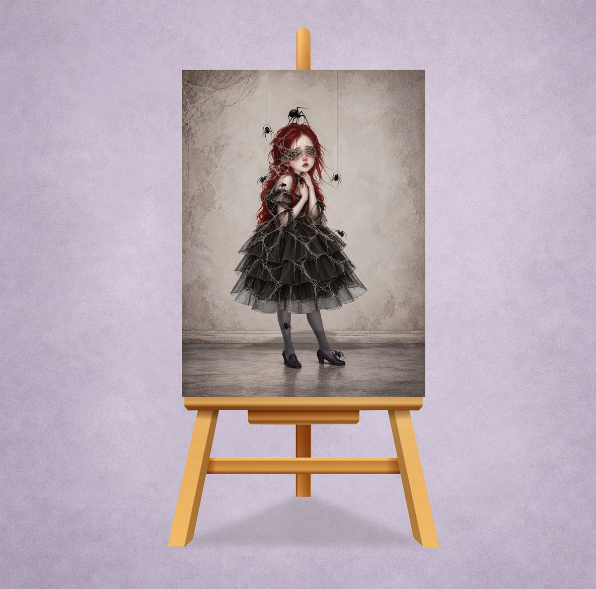 ACEO card on a miniature display stand featuring a melancholy girl with vibrant red hair wearing a dark ruffled dress and sheer tights, with intricate cobwebs over her face and black spiders hanging around her