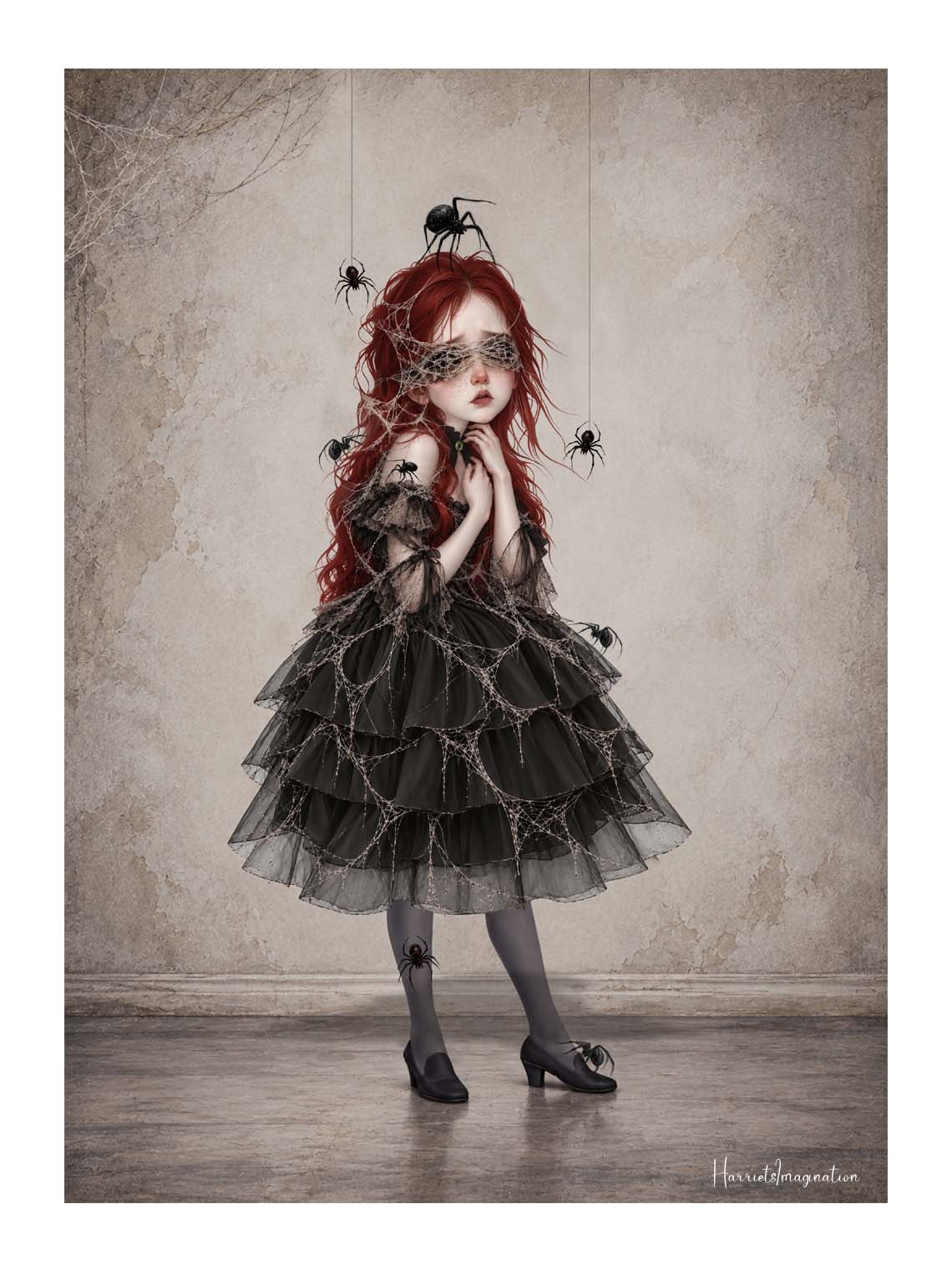 Gothic dark academia art print featuring a surrealist portrait of a Victorian-style girl with spiderwebs over her eyes and black spiders crawling on her dress