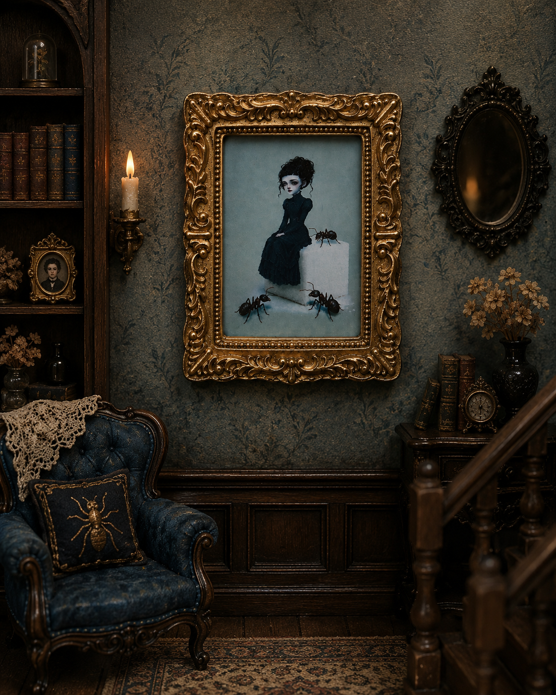 Goth Victorian Lady and ants dollhouse art on dollhouse wall