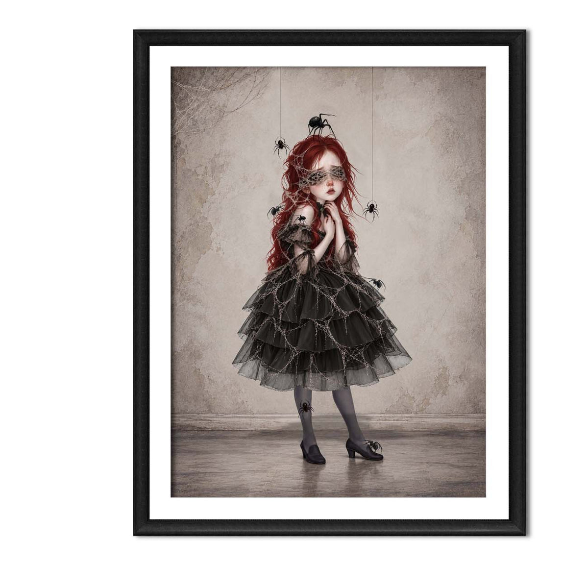 Gothic dark academia wall art print in an A4 frame featuring a surrealist portrait of a Victorian-style girl with spiderwebs over her eyes and black spiders crawling on her dress.