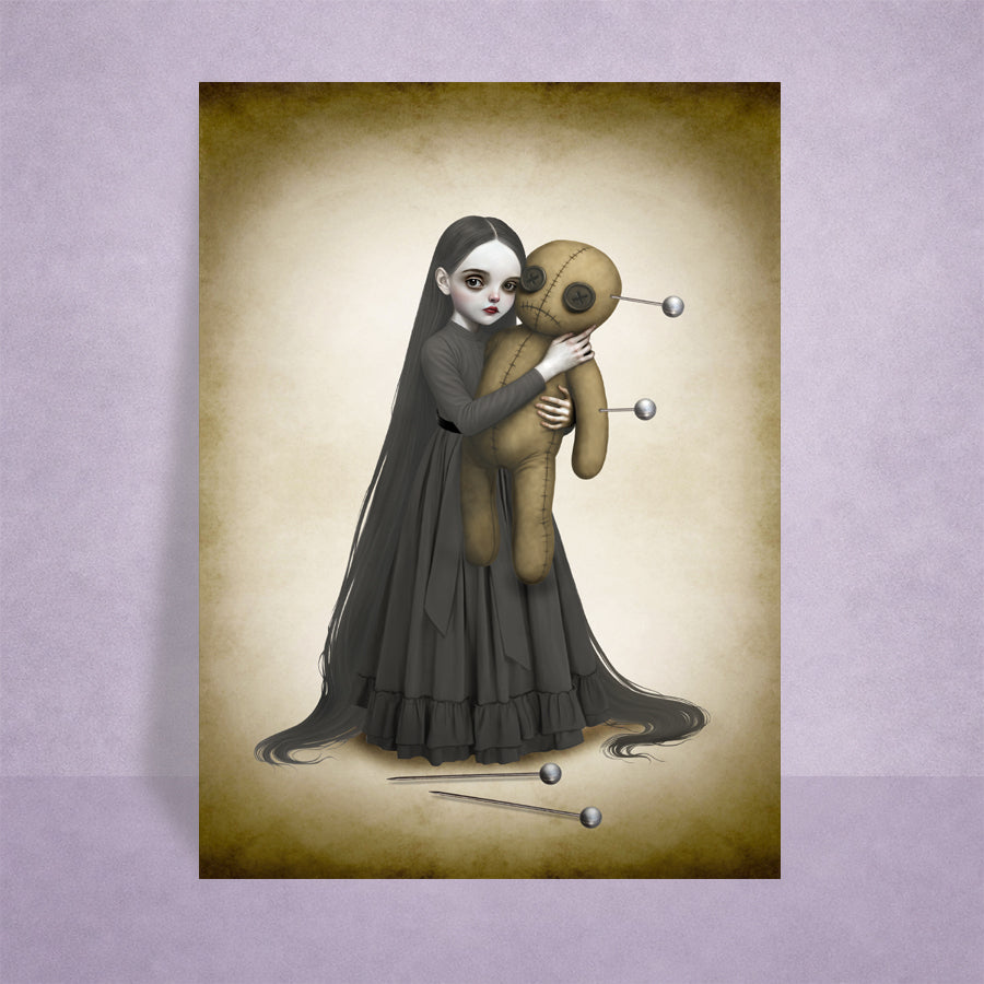 Goth girl And Voodoo Doll ACEO Card against lilac background.