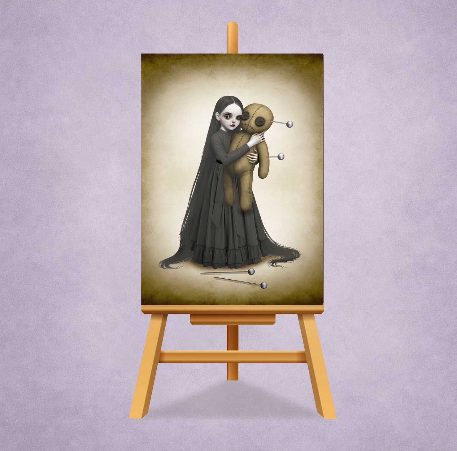 Goth girl And Voodoo Doll ACEO Card on a small easel for display.