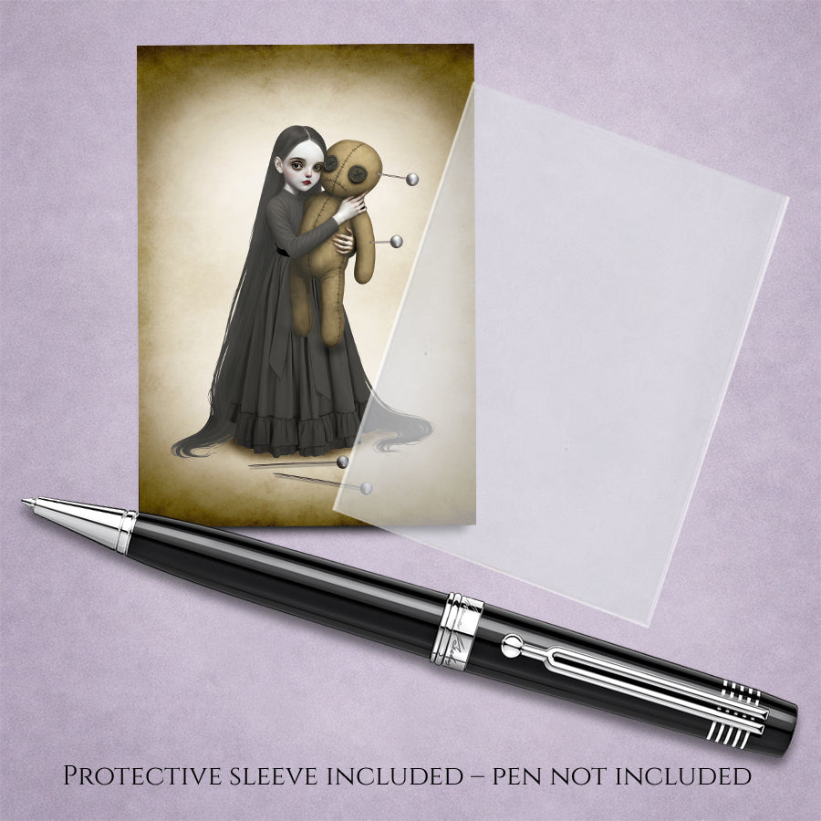 Goth girl And Voodoo Doll ACEO Card with cello sleeve and pen for display.