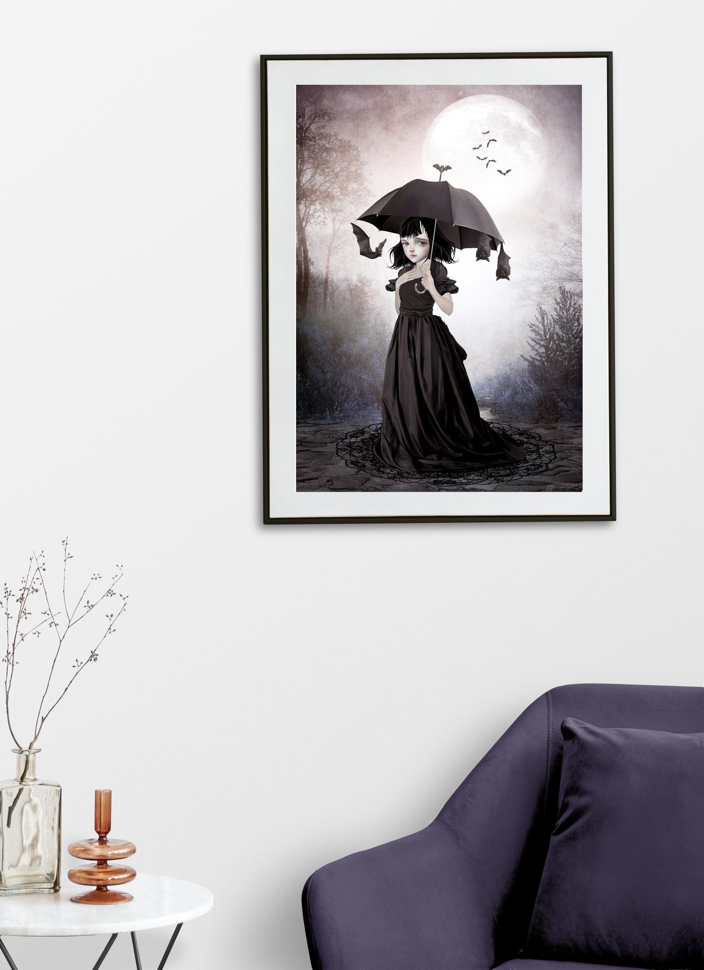 gothic girl standing under the moonlight, peacefully slumbering with a bat-adorned umbrella in handin a frame on a living room wall.