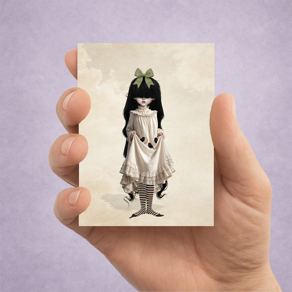 Hand holding a 2.5x3.5 inch ACEO art card featuring a gothic Victorian girl with long black hair holding baby blackbirds in her skirt.