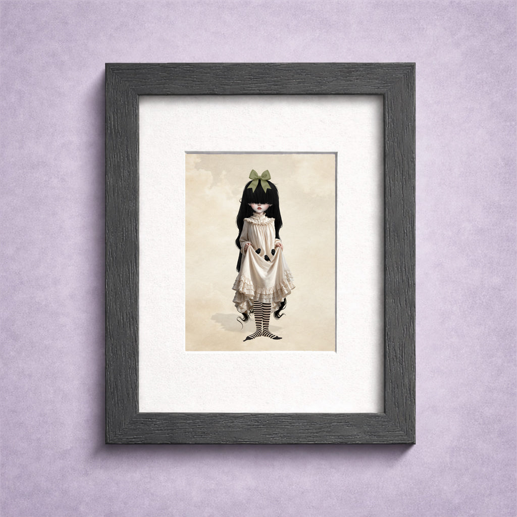 Framed 2.5x3.5 inch ACEO art card featuring a gothic Victorian girl with long black hair holding baby blackbirds in her skirt.