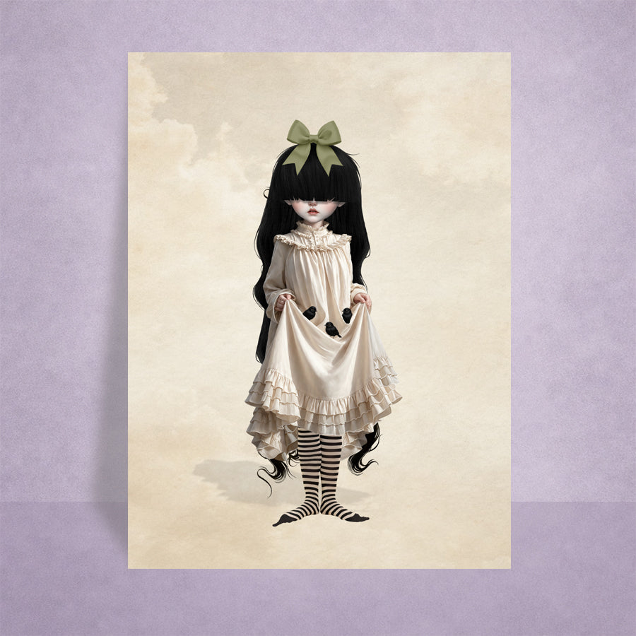 2.5x3.5 inch ACEO art card featuring a gothic Victorian girl with long black hair holding baby blackbirds in her skirt.