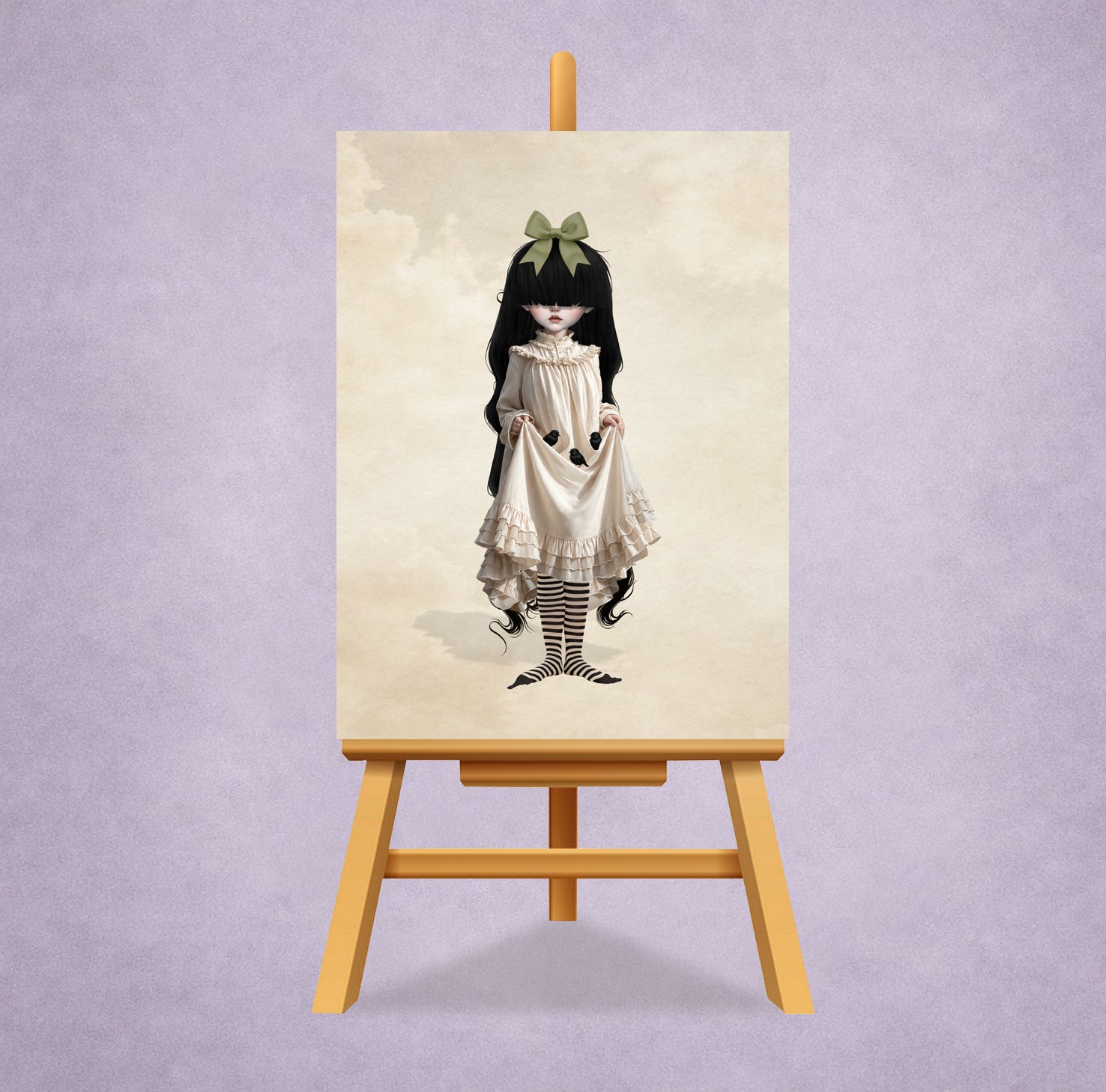 2.5x3.5 inch ACEO art card featuring a gothic Victorian girl with long black hair holding baby blackbirds in her skirt displayed n a miniature stand.