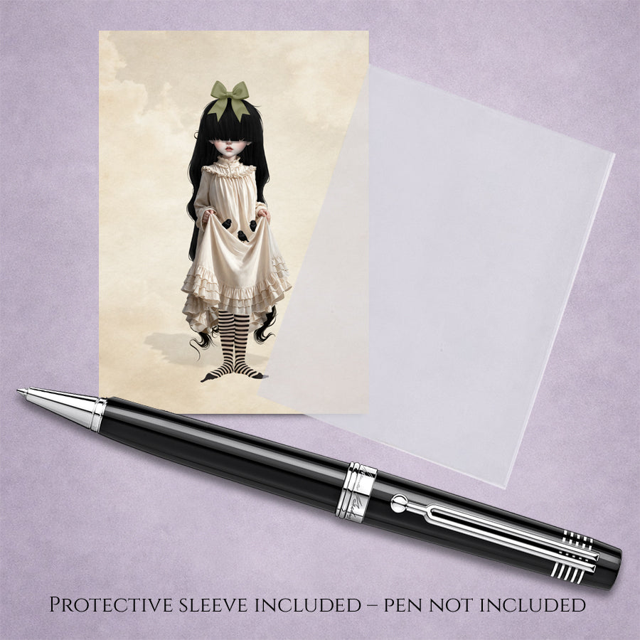 2.5x3.5 inch ACEO art card with protective sleeve featuring a gothic Victorian girl with long black hair holding baby blackbirds in her skirt.