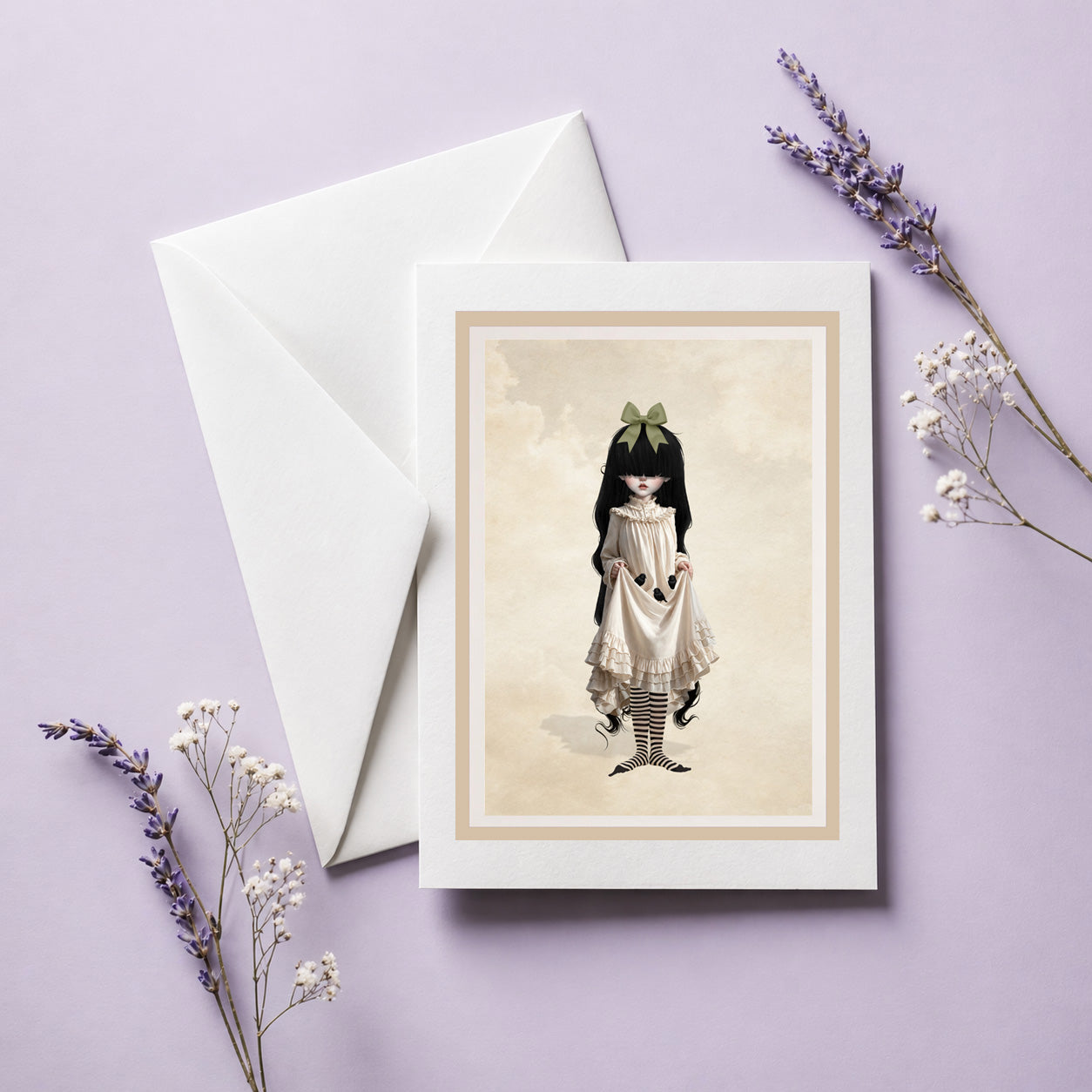 Art greeting card featuring a whimsical illustration of a girl with long black hair and a green bow, wearing a cream dress and striped socks, displayed next to a white envelope on a lavender background with dried flowers.
