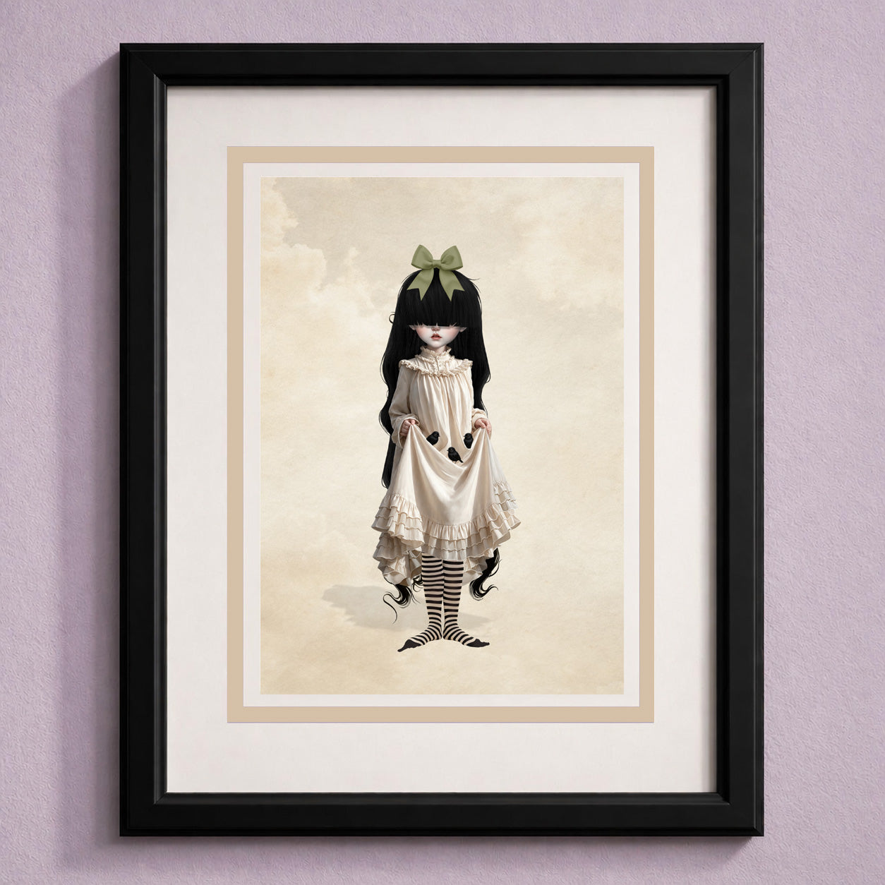 Framed art greeting card with envelope featuring a gothic Victorian girl holding baby blackbirds, styled next to a vase of dried flowers.