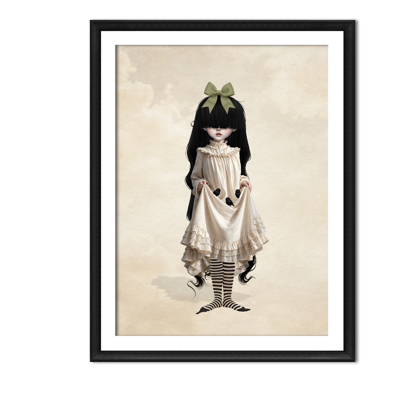 Framed A4 art print featuring gothic girl with long black hair, a green hair bow, and a cream ruffled Victorian dress holding three baby blackbirds in her skirt fold.