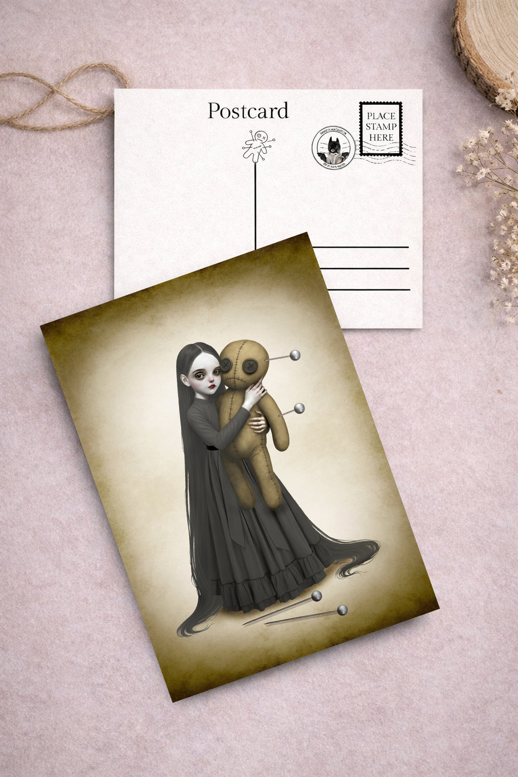 Goth girl and oversized voodoo doll art postcard from voodoo doll art postcard set