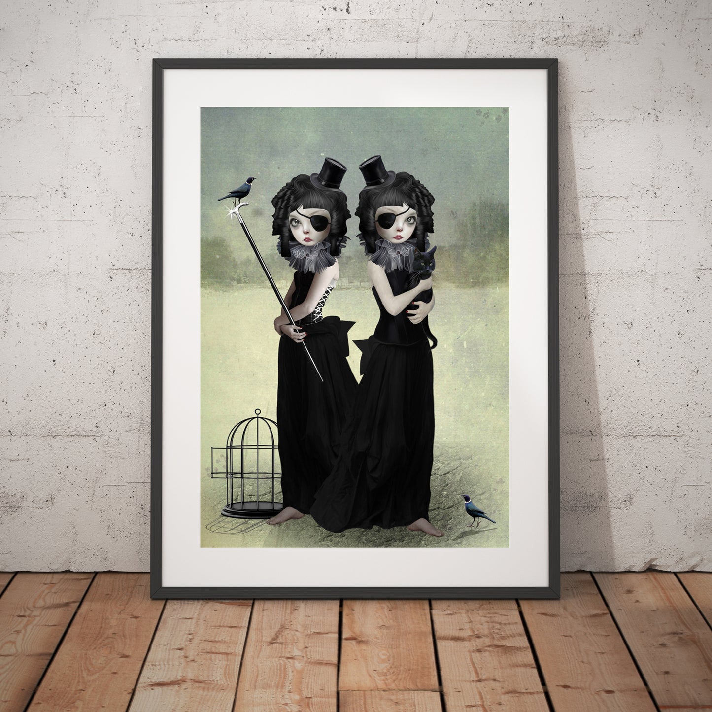 Goth Girl Wall Art Print. Featuring two twin sisters, one as a black cat and the other surrounded by pet blackbirds,