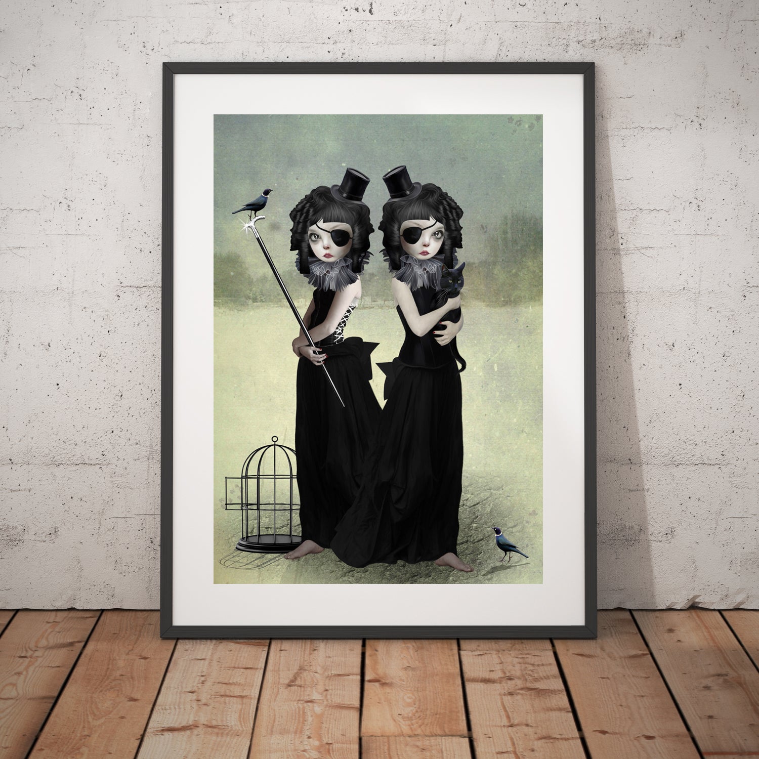Goth Girl Wall Art Print. Featuring two twin sisters, one as a black cat and the other surrounded by pet blackbirds,
