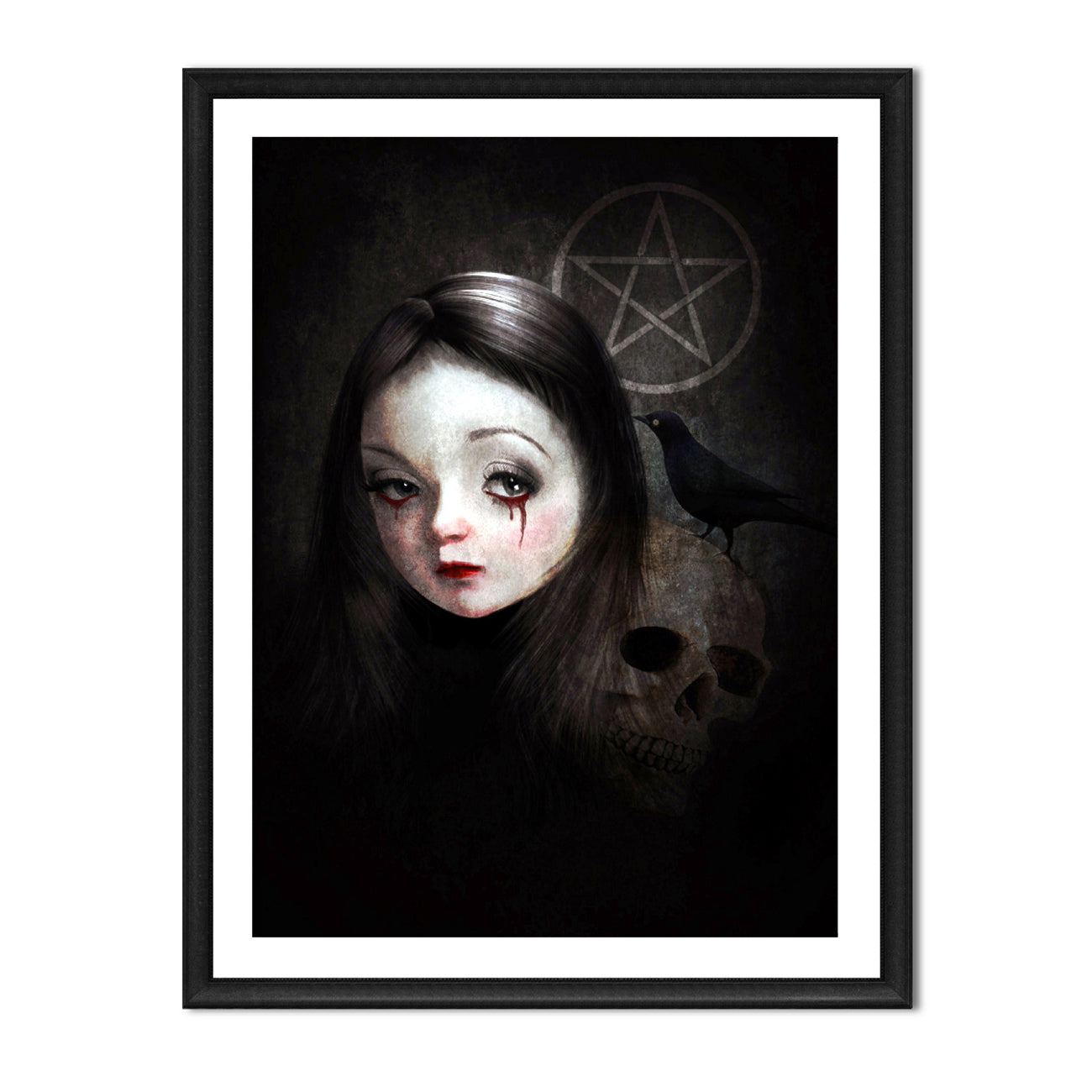 Dark Macabre Art Print featuring a goth girl with bleeding eyes, accompanied by a skull and blackbird. With subtle hints of a pentagram in the background.