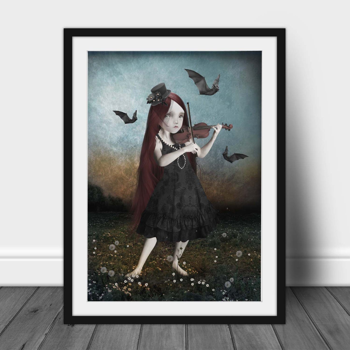Goth Girl Violin Art Print. A goth girl playing her violin, surrounded by a swarm of bats