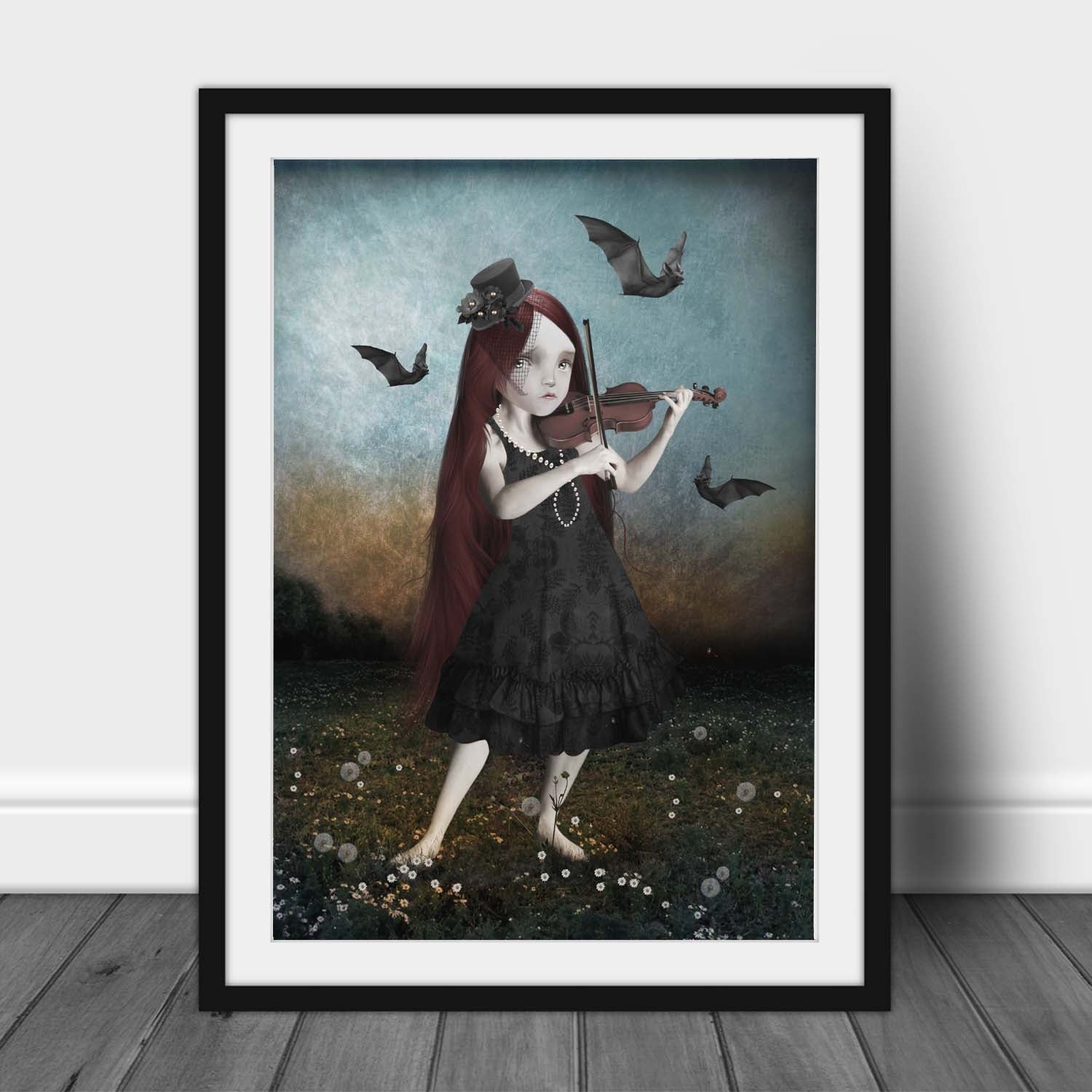 Goth Girl Violin Art Print. A goth girl playing her violin, surrounded by a swarm of bats