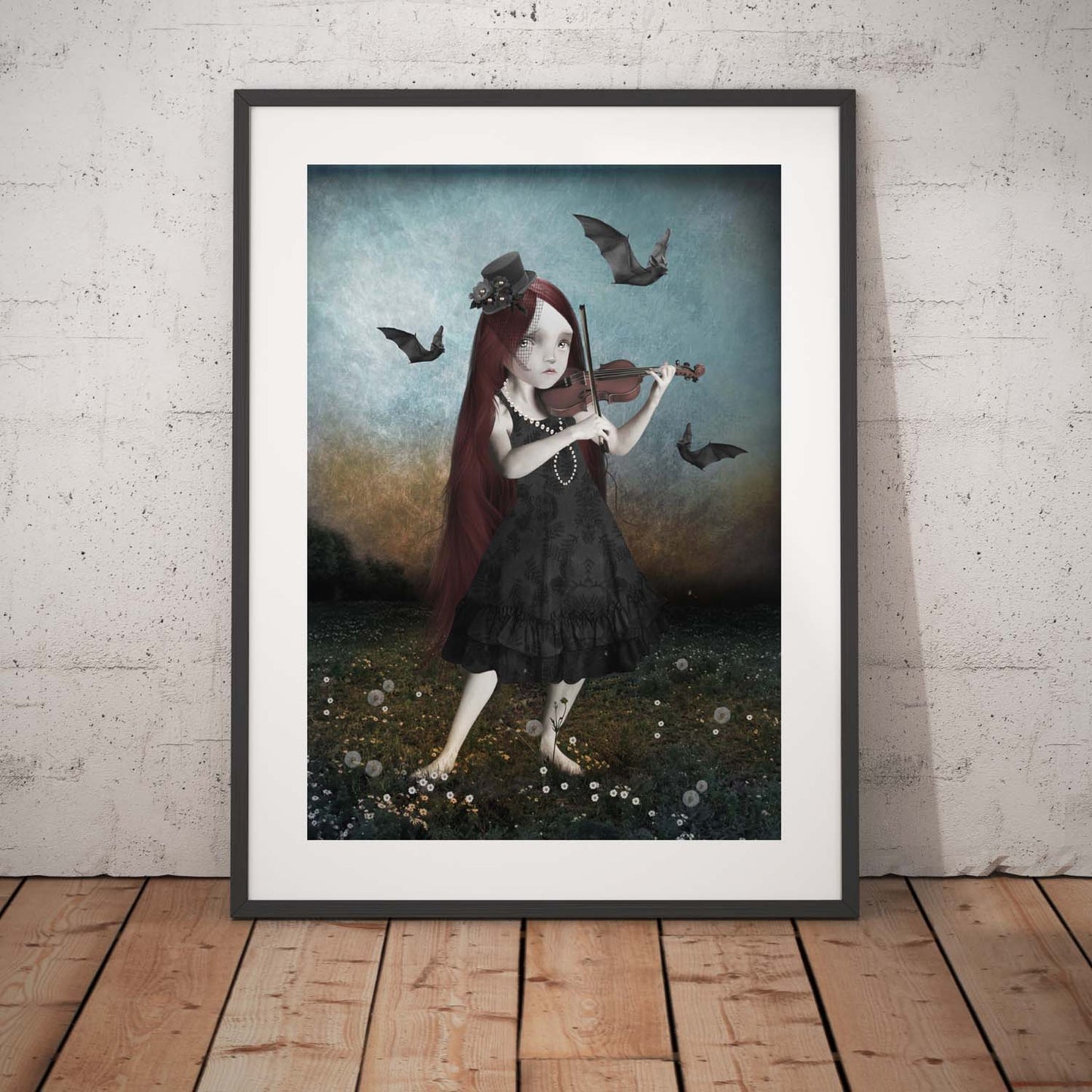 a goth girl plays a violin surrounded by bats.