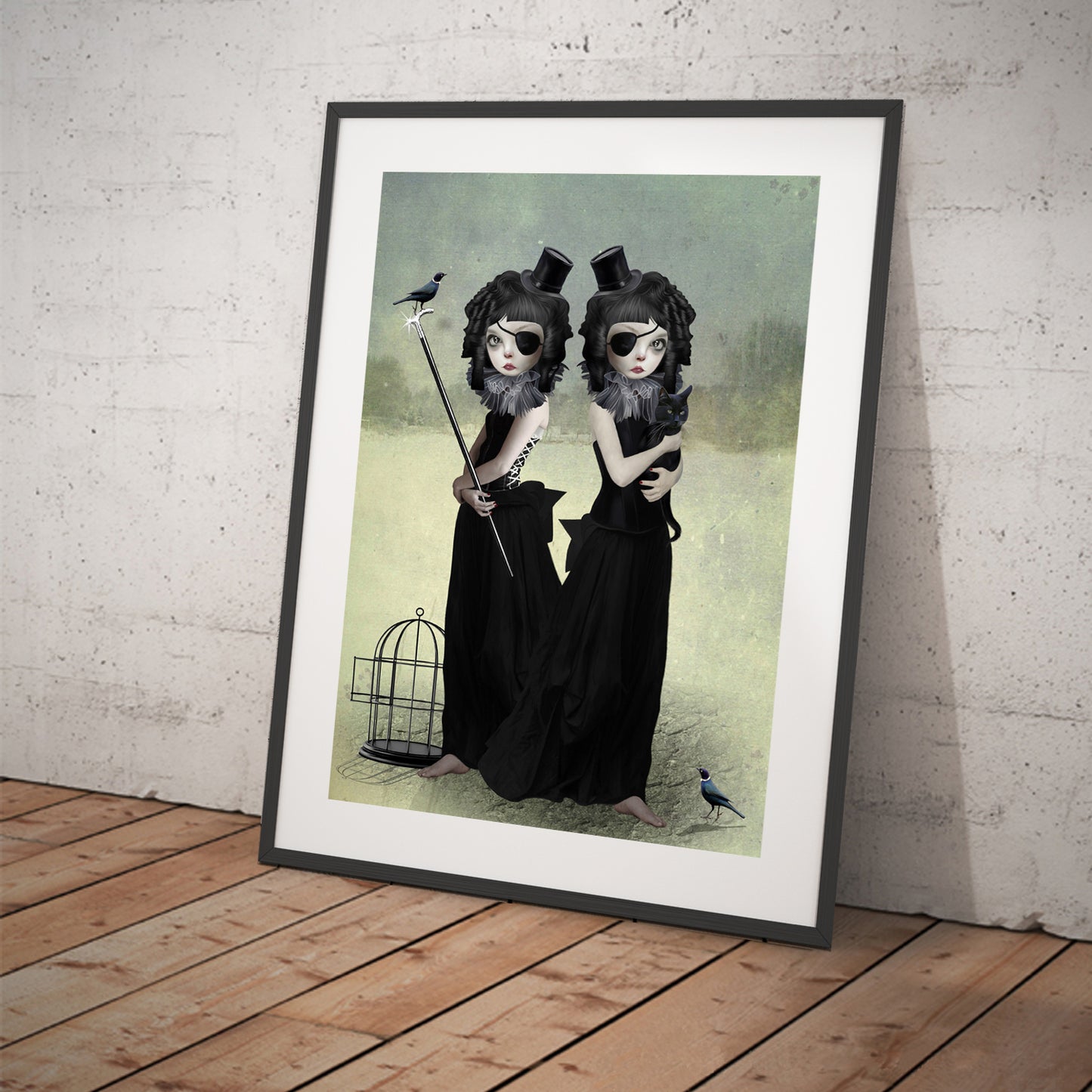Goth girl Art Print. Featuring two twin sisters, one as a black cat and the other surrounded by pet blackbirds,