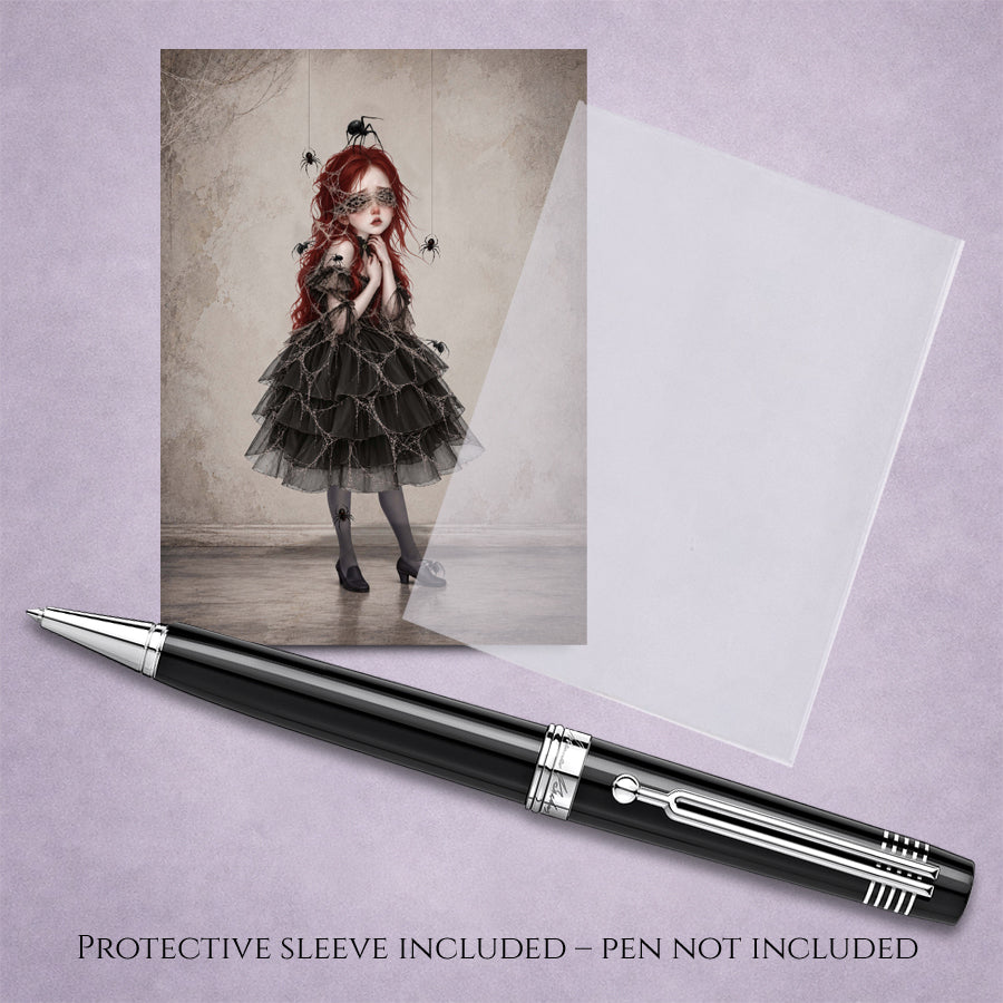 Creepy cute ACEO card and sleeve featuring a melancholy girl with vibrant red hair wearing a dark ruffled dress and sheer tights, with intricate cobwebs over her face and black spiders hanging around her