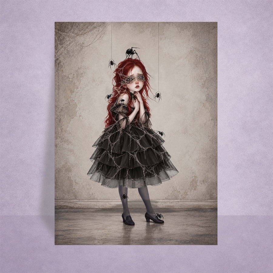 Creepy cute ACEO Card of a melancholy girl with vibrant red hair wearing a dark ruffled dress and sheer tights, with intricate cobwebs over her face and black spiders hanging around her