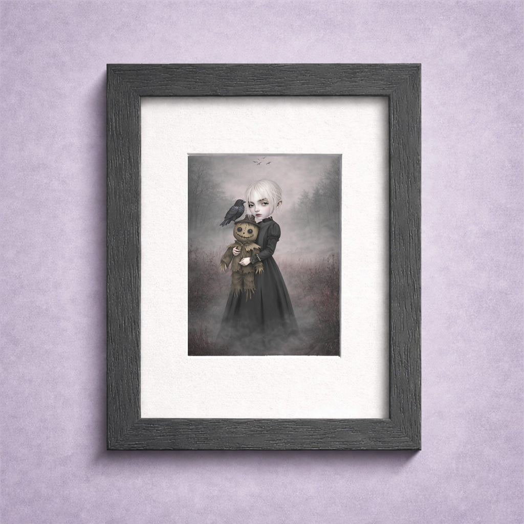 Framed gothic ACEO Card features a pale, platinum-haired girl holding a stitched, creepy-cute scarecrow doll. Accompanied by a watchful black crow amidst a misty, atmospheric landscape,