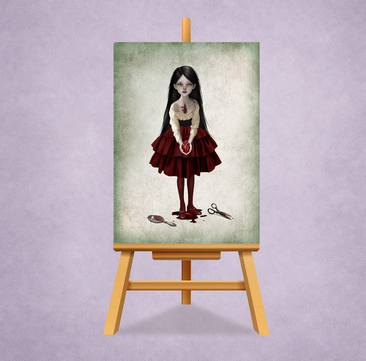 ACEO art card hon miniature display stand featuring a gothic girl holding a bleeding anatomical heart with a broken mirror at her feet.