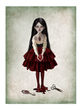 Gothic dark romance fine art print featuring a girl holding a bleeding anatomical heart near a broken mirror and scissors on a soft green background.