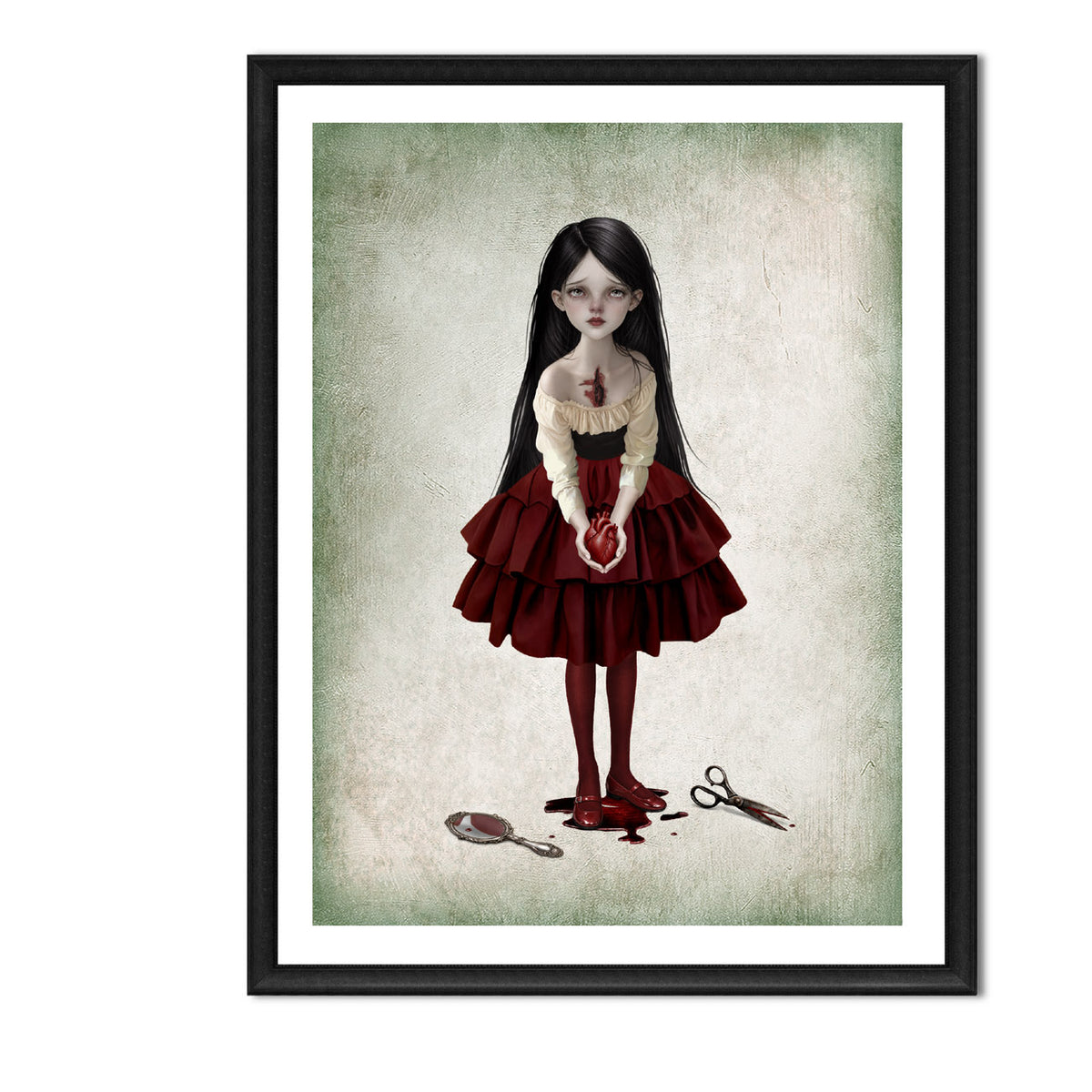 Gothic dark romance fine art print in an A4 frame featuring a girl holding a bleeding anatomical heart near a broken mirror and scissors on a soft green background.
