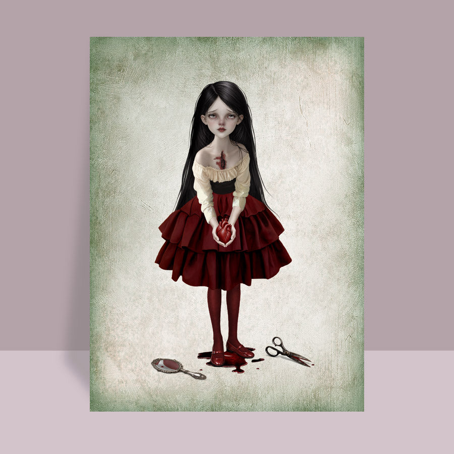 ACEO art card on lilac background featuring a gothic girl holding a bleeding anatomical heart with a broken mirror at her feet.