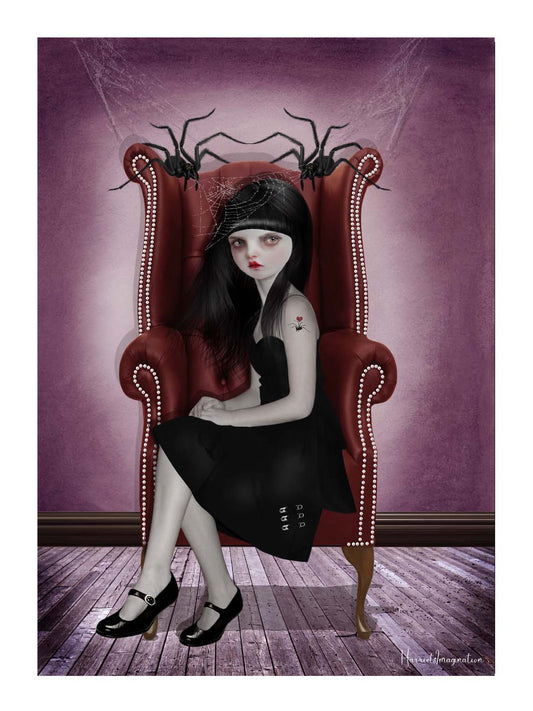 Gothic art print, image is a goth Miss Muffet sitting inbeteween her enormous two pet spiders.