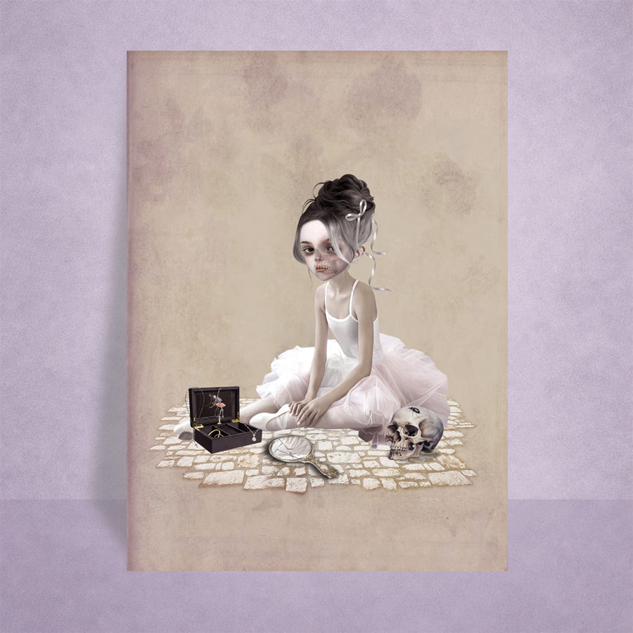 ACEO art card of a gothic ballerina sitting on a stone path with a skull and vintage objects.