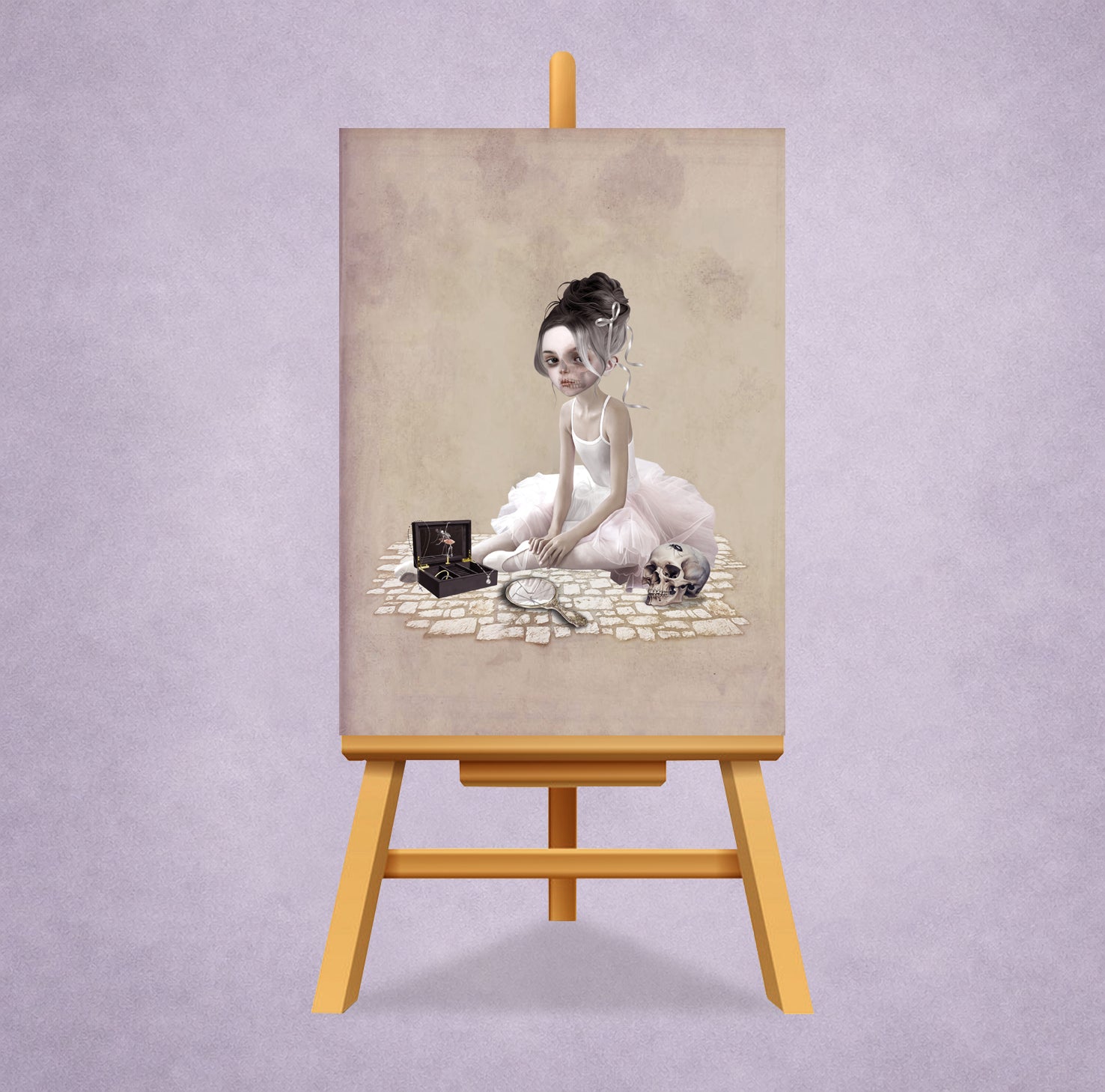ACEO art card featuring a gothic ballerina sitting beside a skull with a music box on a miniature display stand.