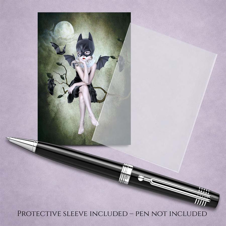 Gothic Bat Girl ACEO Art Card with cello sleeve and pen for display.