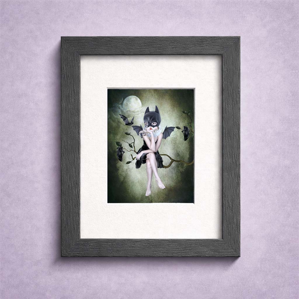 Gothic Bat Girl ACEO Art Card on display in a small stand.