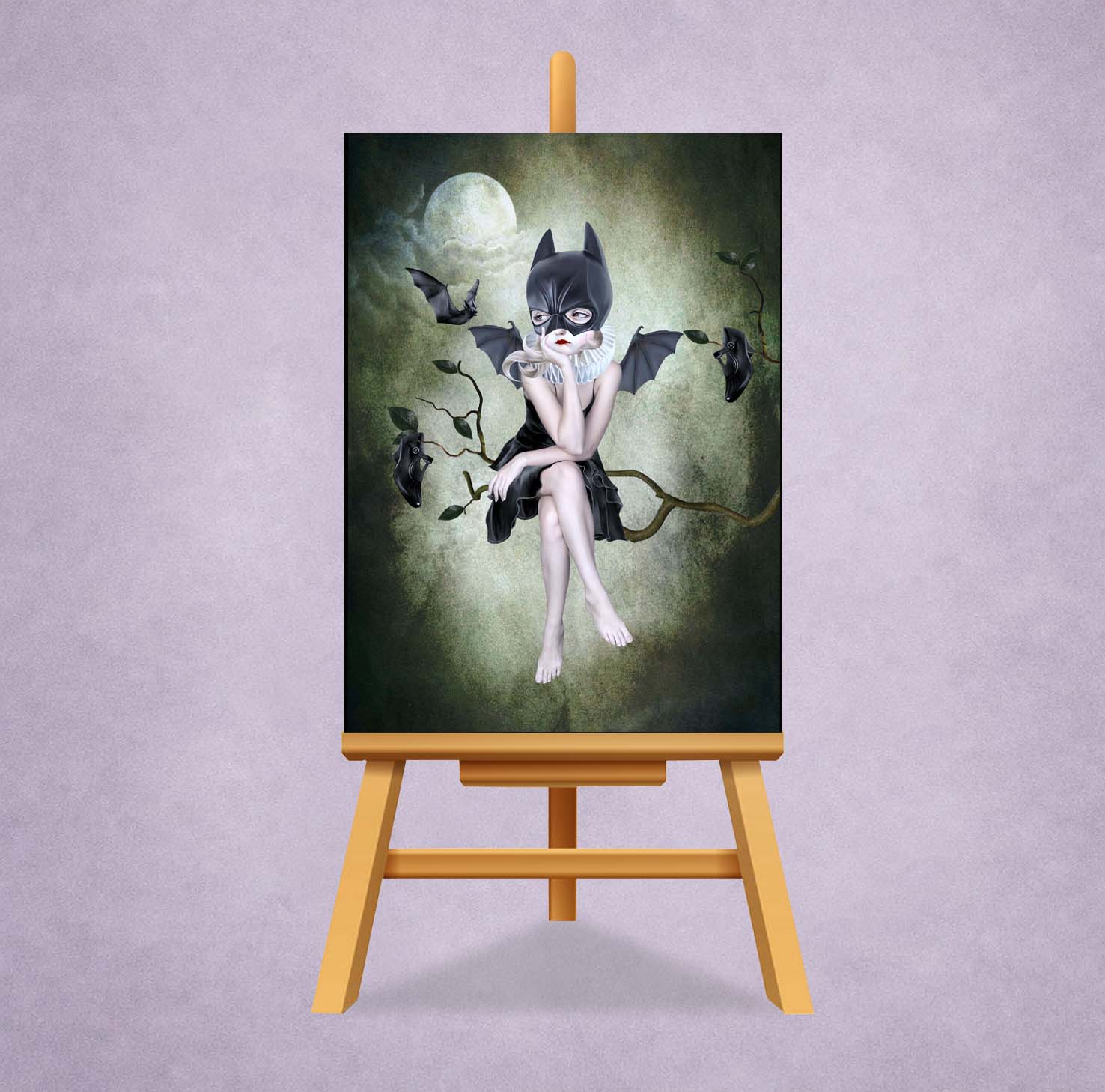Gothic Bat Girl ACEO Art Card displayed on a small easel stand.
