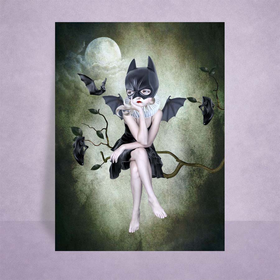 Gothic Bat Girl ACEO Art Card against a lilac background.