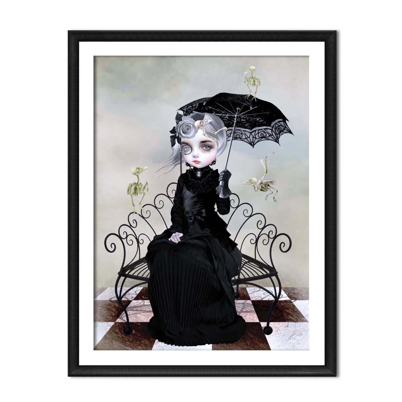 Creepy cute art with this Victorian lady and skeleton birds print. A woman adorned in black, surrounded by the eerie remains of her beloved birds. 