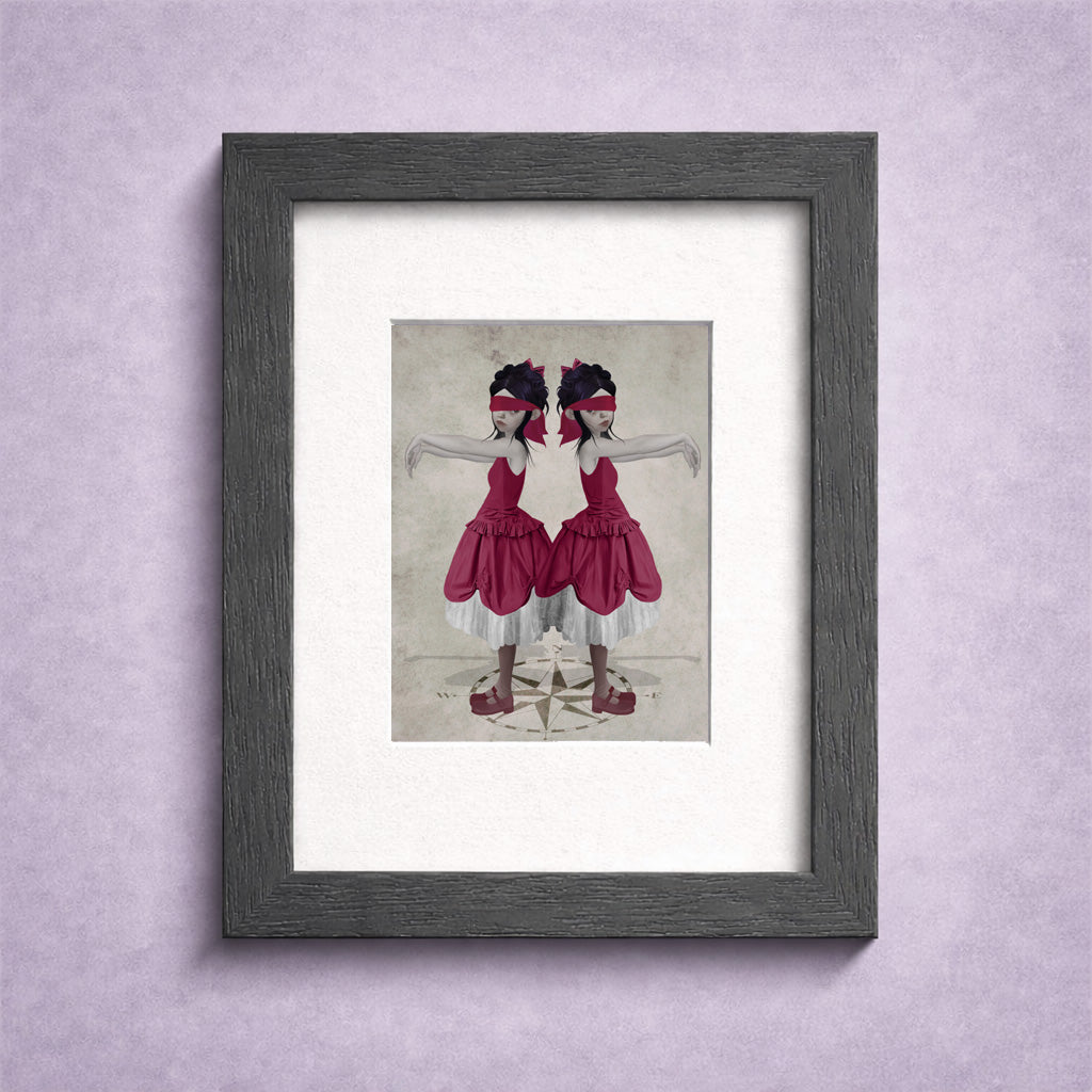 Framed ACEO art of creepy twin sisters blindfolded in a frame.